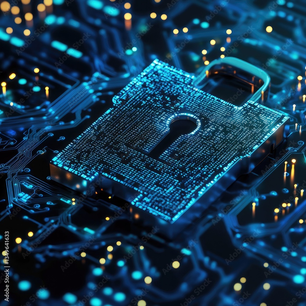 Poster cybersecurity digital lock on circuit board advanced data protection technology