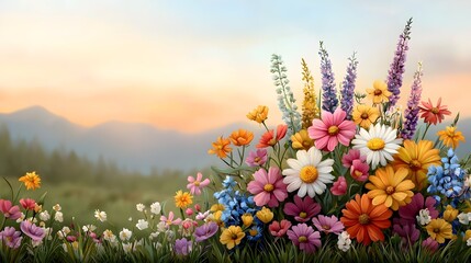 A stunning display of colorful wildflowers including daisies daffodils and lavender thriving in a lush mountain meadow as the sun sets over the landscape