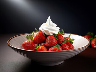 This picture showcases a beautifully plated strawberry dessert with fresh, sliced strawberries arranged around a swirl of smooth, creamy whipped cream