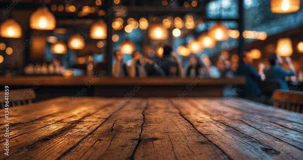 Aufkleber a detailed view of a wooden tabletop in sharp focus with a background of warm lights gently out of f