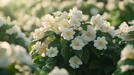 Blooming jasmine flowers in sunlit field, green foliage in blurry natural scene
