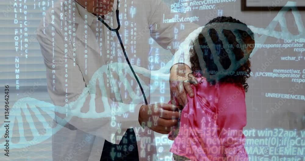 Poster doctor examining child with dna strand and binary coding animation overlay