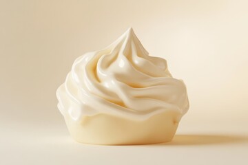 Creamy, swirled dessert topping in a cupcake shape, light beige background.