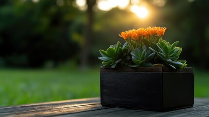 Sunset succulents in a wooden planter