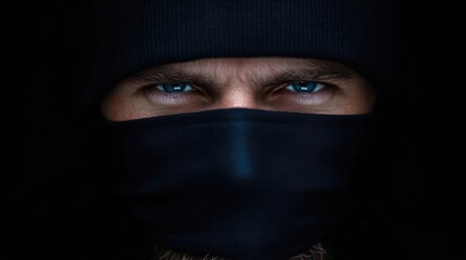 Naklejka premium Close-up of a man wearing a dark mask and beanie, intense gaze