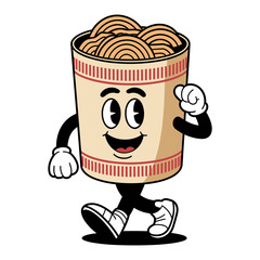 Vector cup of noodles character with arms and legs, walking with cheerful expression, food mascot