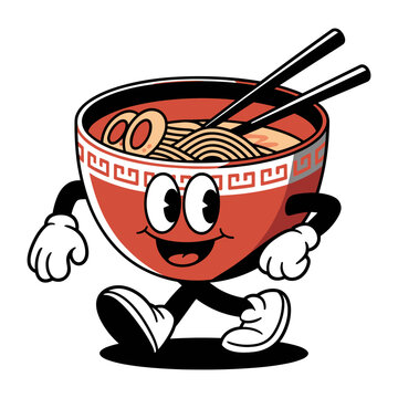 Vector cartoon ramen bowl character with arms, legs, and chopsticks, walking with smile, food mascot