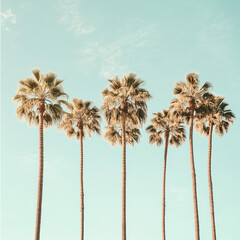 Tall palm trees under clear blue sky create serene summer vibe