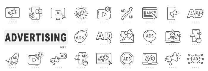 Advertisement line icons. Editable stroke. Set 2