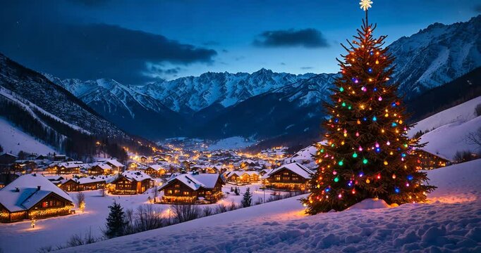 A holiday mountain village aglow with warm festive lights, situated beneath snow-draped peaks. The view showcases the serene charm of a winter wonderland, ideal for exploration.