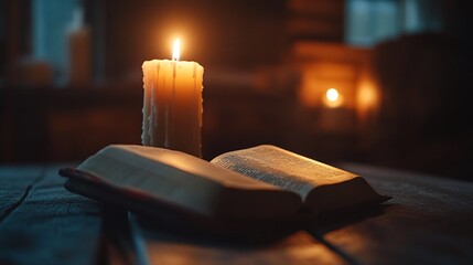 Book Illuminated by Candlelight on Wooden Table in Dark, Rustic Room