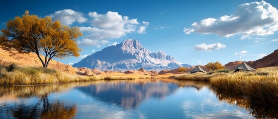 Fototapeta premium Breathtaking mountain peaks rising above a serene lake surrounded by the vibrant colors of an autumn landscape