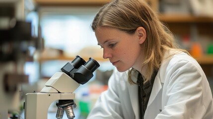 Fototapeta premium A researcher looking through a microscope at deadly pathogens.