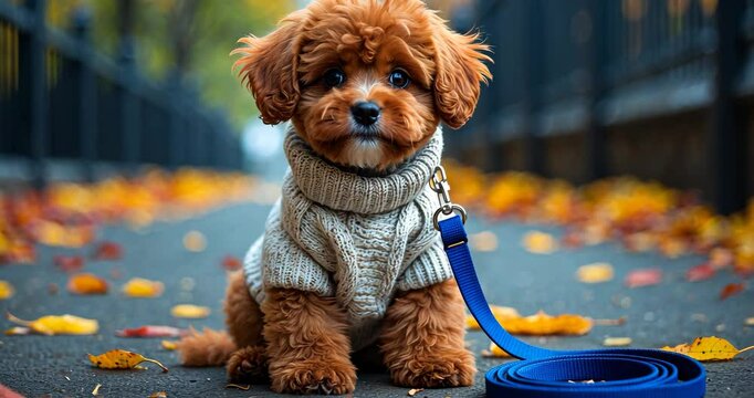 A cuddly red plush puppy dressed in a warm knit sweater, positioned on a sidewalk scattered with vibrant autumn leaves, accompanied by a blue leash. The ideal combination of seasonal appeal and city