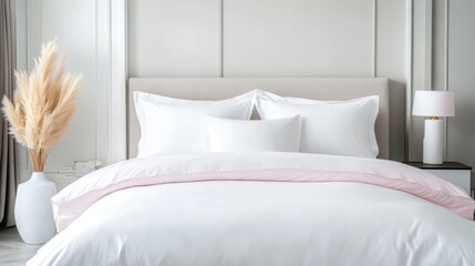 Modern bedroom with a fresh, clean aesthetic.  Soft, white linens accented by a subtle touch of pink.  A minimalist approach to bedding and d?cor