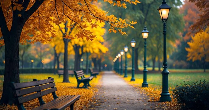 A serene park in autumn, featuring a walkway bordered by benches and lamp posts. The vivid yellow, orange, and green leaves form a charming atmosphere for a relaxing walk appreciating the seasonal