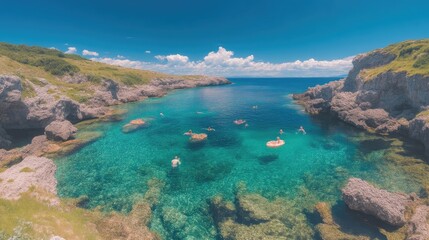 Coastal paradise, crystal-clear turquoise water, rocky cove, sunbathing, people enjoying