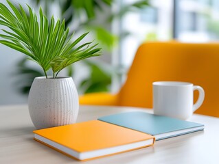 A serene and organized workspace featuring a potted palm plant colorful notebooks and a ceramic mug on a clean wooden table creating a comfortable and inspiring environment