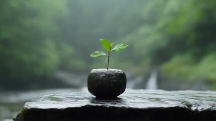 Tiny sprout in a small stone pot, peaceful natural setting