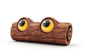 A whimsical 3D render of a log with two vibrant yellow eyes, playfully personifying nature.