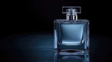 Elegant perfume bottle, clear glass, dark background