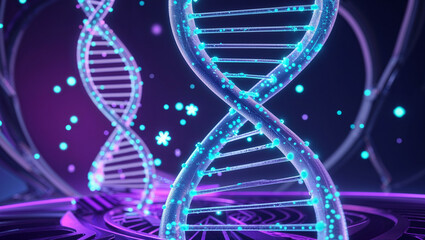 "A futuristic 3D-rendered visualization of a glowing DNA helix in a high-tech environment. The double-helix structure is made of luminous, transparent strands with rotating neon-blue nucleotides. 
