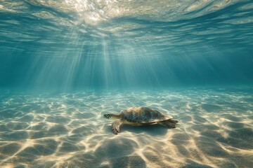 Underwater sea turtle sunbeams sandy ocean floor