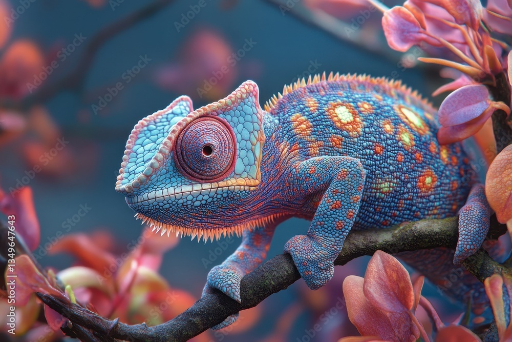 Poster chameleon perched on a colorful branch surrounded by vibrant leaves in a captivating natural habitat