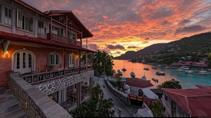 Fototapeta premium Tropical Sunset Over Caribbean Harbor Town