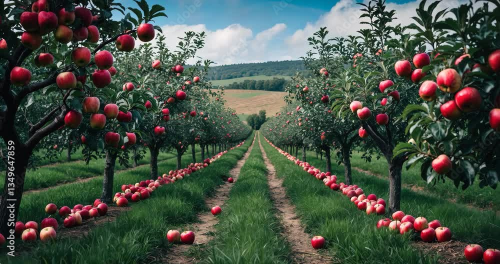 Poster apple orchard featuring red ripe apples on branches. two lines of apple trees laden with fruit obser