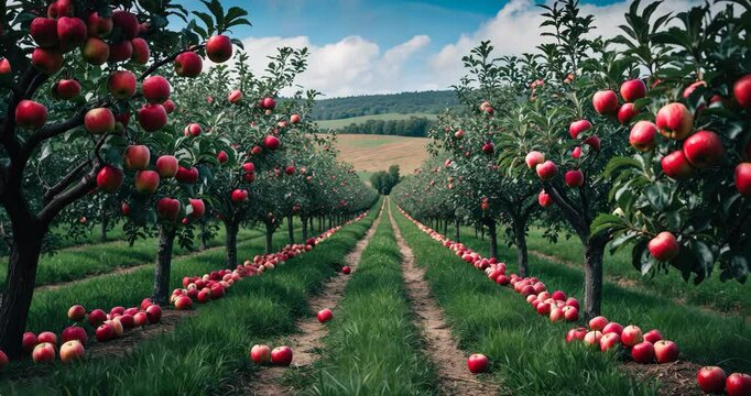 Apple orchard featuring red ripe apples on branches. Two lines of apple trees laden with fruit observed beneath a blue sky almost prepared for harvest.