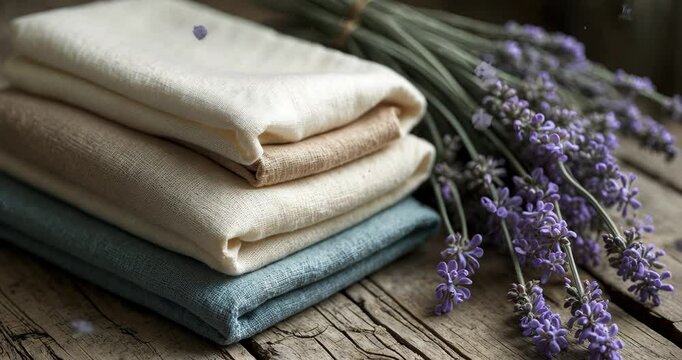 A stack of four folded muted cotton fabrics next to a stem of dried flowers.