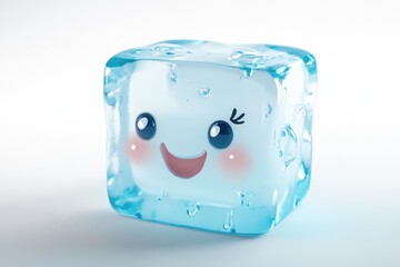A cute, cartoonish ice cube with a happy face, perfect for summer refreshment.