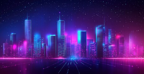 Neon cityscape at night with glowing skyscrapers and digital grid.