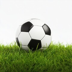 Fototapeta premium High-quality soccer ball on vibrant green grass against white background, ideal for sports themes, football promotions, and athletic branding