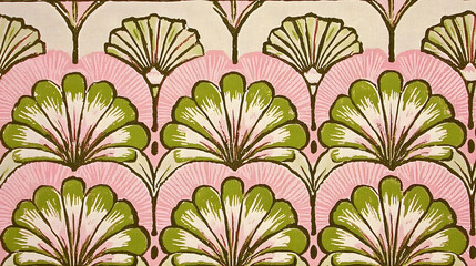 Pink and green floral art deco textile pattern, repeating design background for fashion or home decor