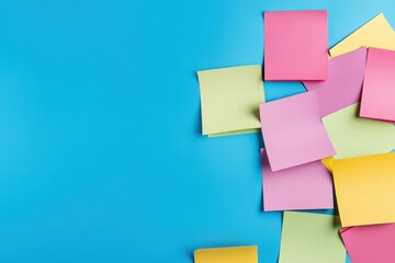 A collection of colorful sticky notes on blue background surface