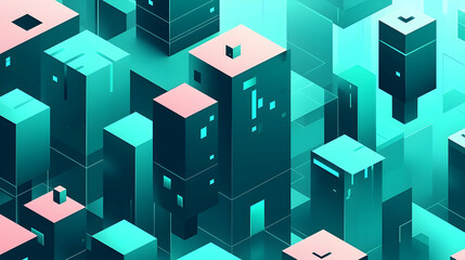Futuristic city isometric illustration; vibrant teal buildings, glowing lights; background suggests a technological landscape; ideal for tech, sci-fi, or urban design projects
