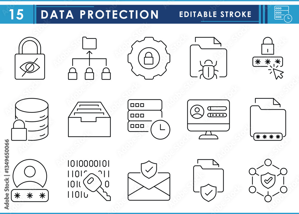 Poster a set of line icons related to data protection. data, security, gear, database, folder, tray, user a