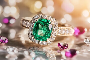 Fototapeta premium Elegant green gemstone ring with surrounding colorful jewels on a reflective surface