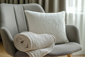 Orthopedic pillow paired with a rolled blanket on a modern armchair, creating a stylish and inviting home setup.