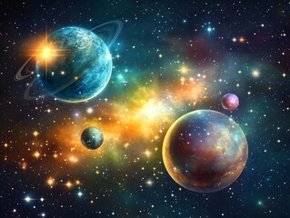Obraz premium Vibrant Cosmic Scene: Planets Nebula Stars Space