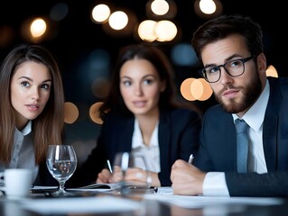 A group of business professionals engaged in a serious discussion over drinks and a meal likely collaborating on important strategic decisions for their company or organization
