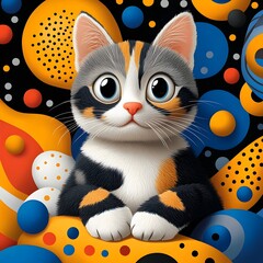 Obraz premium A cute cartoon like kitten with large eyes and a playful expression set against a vibrant background of colorful polka dots and patterns