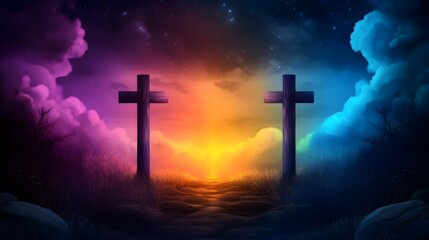 A serene landscape featuring two wooden crosses against a colorful sunset, surrounded by vibrant clouds, evoking a sense of peace and spirituality.