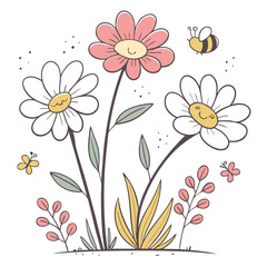 Whimsical Flower and Bee Illustration