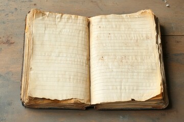 An old open book with lined paper on a wooden surface