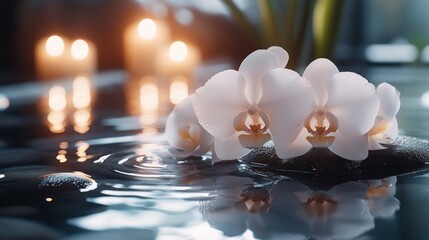 Obraz premium Serene orchids on water, candlelight ambiance