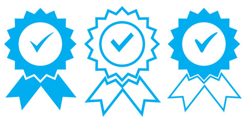 Approval check big icon set. Verified, certified, medal, correct mark, award ribbon, badge, quality certify sign - stock vector