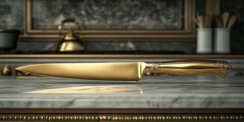 Golden kitchen knife resting on a marble countertop with elegant kitchen decor in the background